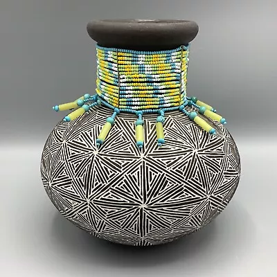 Buy Leslie Thompson Hand-Carved  Flower Fineline  Acoma Art Pottery Glass Bead Vase! • 761.42£