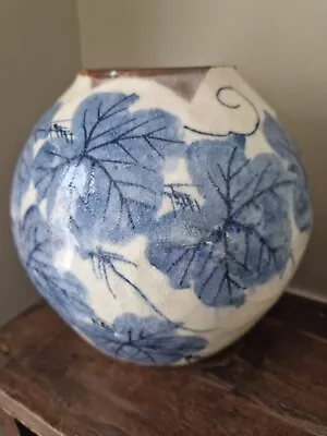Buy Vintage Oriental Blue White Globular Vase Hand Painted Leaves • 75£