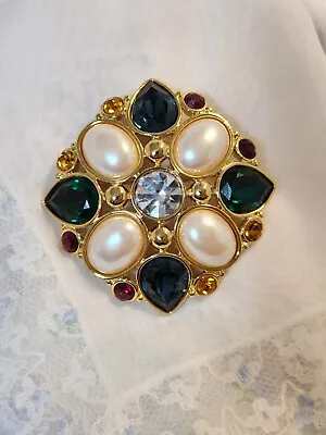 Buy Vintage Large Monet Multi Color Crystal Cabochon Faux Pearl Brooch Pin STUNNING • 44.35£