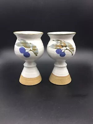 Buy Set Of 2 Vintage Studio Art Pottery  Stoneware Wine  Goblet Blueberries Handmade • 14.80£