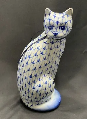 Buy Andrea By Sadek Porcelain Hand Painted Cat Figurine Blue White Fishnet 7.5  • 27.85£