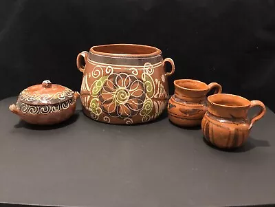 Buy Vintage Tlaquepaque Mexican Pottery Pot, Small Dish Lid, 2 Terra Cotta Clay Mugs • 28.46£
