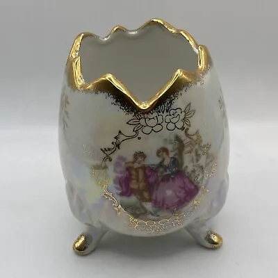Buy Vintage Lustre Courting Couple Cracked Egg Vase Planter Porcelain Gold Trim • 15£