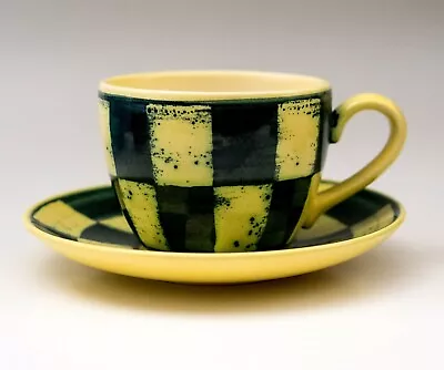 Buy Iden Pottery, Rye, Dennis Townsend, Vintage, Green/Yellow Check, Cup & Saucer • 24£