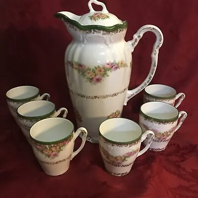 Buy Antique Porcelain Demitasse  Chocolate Coffee Tea Set Pink Roses Gilt Accents • 85.24£