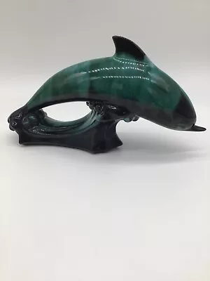 Buy VTG  Blue Mountain Pottery Jumping Dolphin Drip Glaze Turquoise Black Waves 12” • 38.36£