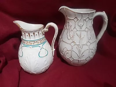 Buy 2 Relief Moulded Jugs Gilded Foliage Scroll Motifs 16 & 18cm Antique Victorian  • 19.99£