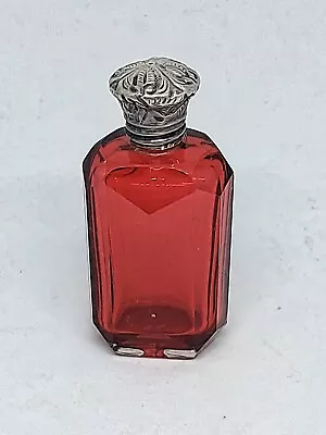 Buy Antique Cranberry Glass Scent Bottle Faceted Sterling Silver Lid • 48£