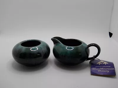 Buy Vintage BMP Blue Mountain Pottery Canada Teal Drip Glaze Ope Cream And Sugar Set • 17.95£