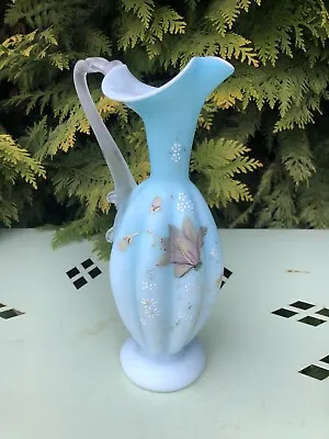Buy Victorian Turquoise Opaline Milk Glass Vase Decorated Hand Painted Flowers   • 79£