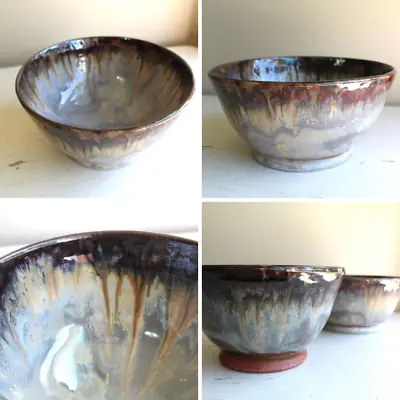 Buy Pair 2 Hand Wheel Thrown Pottery Bowls Gray Cream Lilac Brown Earthy Drip Glaze • 28.45£