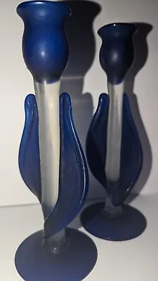 Buy Pair Vintage Frosted Satin Glass Tulip Blue Candlesticks Handmade • 22£