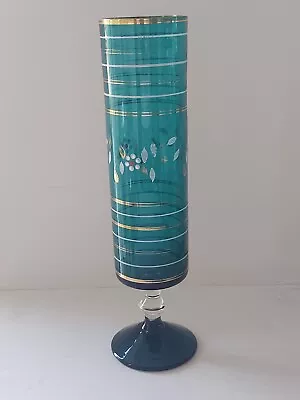 Buy Vintage Teal Bohemian Glass Vase Handpainted Footed 11.75 Inches Tall • 28£