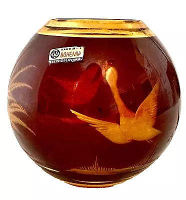 Buy Amber Glass Vase By Friederich Egermann Etched Gold Orig Sticker Czechoslovakia • 82.04£