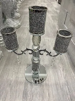 Buy 40cm Tall Crushed Diamond Set Of 3 Tall Candle Holder Sparkly Silver Crystal. • 39.99£