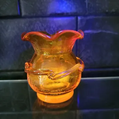 Buy Yellow/ Amber Crackle Glass Vase With Applied Ribbon And Glows Bright. 3.5  • 17.13£