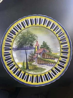 Buy Vintage Portuguese Hand Painted Round Pierced Plate - Blue &Yellow House Design  • 17.89£