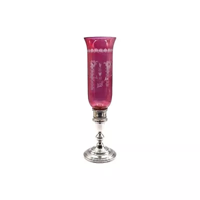 Buy Mueck-Carey Sterling Candleholder W/ Cranberry Cut To Clear Hurricane Shade • 652.05£