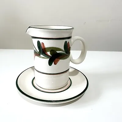 Buy Vintage Mid Century Jersey Pottery Small Creamer Jug And Saucer Green Brown Leaf • 18.99£