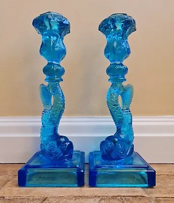 Buy Vintage Blue Glass Koi Fish Dolphin Candlestick Candle Holders Embossed Mma  • 89.99£