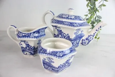 Buy Vintage James Sadler Teapot Sugar Bowl Creamer Set Blue Transferware Hexagon • 35£