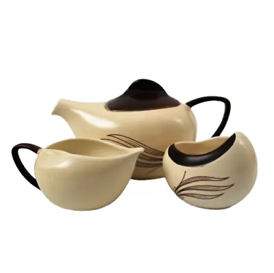 Buy Carlton Ware Windswept Tea Set - Teapot Milk Jug Sugar Bowl Brown Cream Vintage • 45£