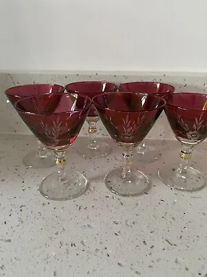 Buy Vintage Set Of 6  Cranberry Etched Port Sherry Liqueur Glasses • 24.99£
