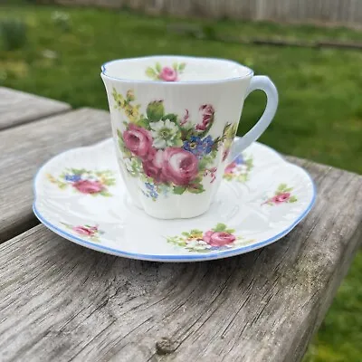 Buy Shelley Fine Bone China Floral Pattern Demitasse Dainty Cup & Saucer Blue Handle • 24.99£