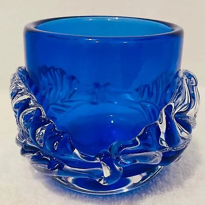 Buy 60's Swedish Johansfors Blue Clear Art Glass Bowl  Applied Leaf Wrap Signed Orup • 46£