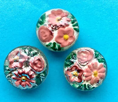 Buy 3 X 14mm Antique Pink Floral Paperweight Buttons, Cemented Glass Shanks • 3.99£