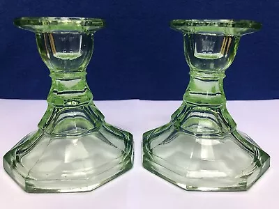 Buy Vintage Pair Of Art Deco Green Glass, 3.75'' Hexagonal Candle Stick Holders EXC • 7.99£