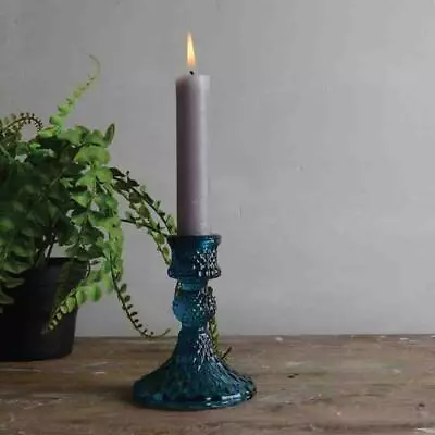 Buy Blue Glass Harlequin Candlestick Vintage Dinner Taper Candle Holder, 8x10cm • 8£