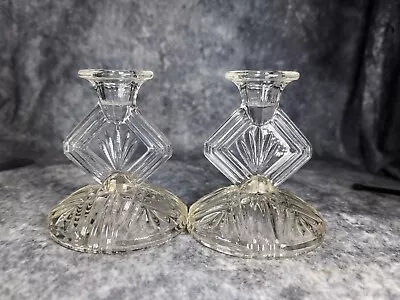 Buy Pair Of Vintage Clear Glass Vanity Dressing Table Candle Holders Diamond Shaped • 7.99£