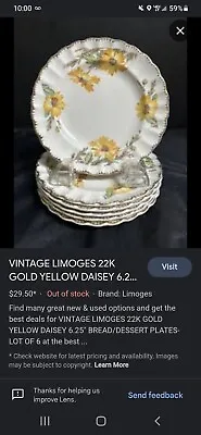 Buy Limoges China Yellow Daisy Bread Plate 22 K Gold Trim Vintage USA Lot Of 4 • 97.01£
