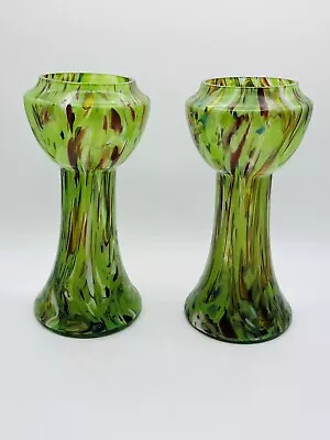 Buy Pair Of Vintage 9” Art Deco Czechoslovakia Spatter Art Glass Vases Kralik • 105.84£