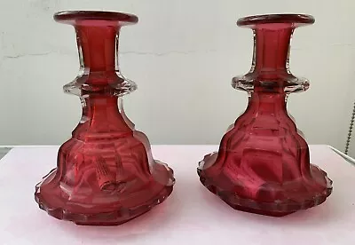 Buy Pair Of Stunning Vintage Pressed Cranberry Glass Candlesticks 17 Cm Tall • 24£