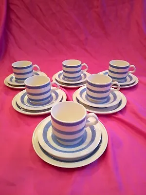Buy Carrigaline Pottery Ireland 6 X 3s Teaset Cups Saucers Plates Blue White Stripe • 59.99£
