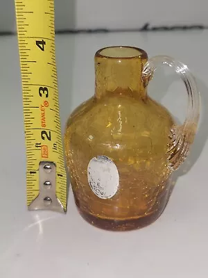 Buy Vtg Pilgrim Art Glass Amber Crackle Mini Jug With Clear Applied Handle 4 Inch • 9.46£