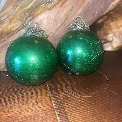 Buy Pair/2 Antique KUGEL-Style CHRISTMAS ORNAMENT Green Mercury Crackle Glass Bronze • 20.79£