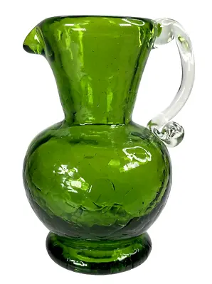 Buy Vintage Mini Crackle Glass Pitcher Vase Emeral Green Art Glass Hand Blown 4.5  • 23.60£