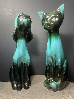 Buy Blue Mountain Pottery Cat & Dog ￼Figurine Blue Green Teal Drip Glaze 14” Redware • 129.67£