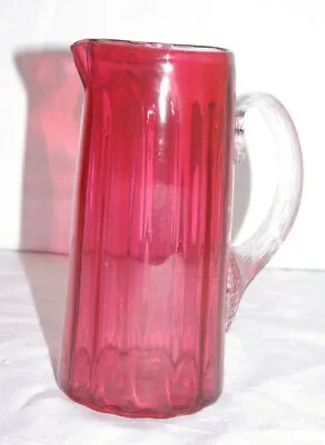 Buy Antique Victorian Cranberry Glass Jug Reed Shell Handle Handmade Mid 19 Century • 30£