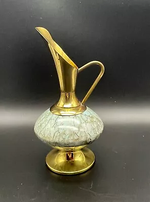 Buy Vintage Mid Century Hand Painted Delftware Brass Vase Pitcher Portugal Art Deco  • 9.59£