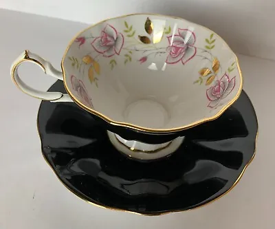 Buy Vintage Princess Anne Fine Bone China England Floral Rose Cup Saucer Black Gold • 37.35£
