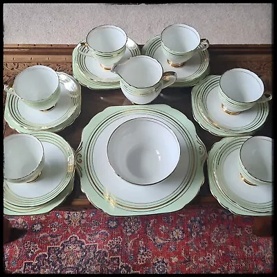 Buy Stanley Fine Bone China Art Deco White And Pastel Green Tea Set With Gold Lines • 75£