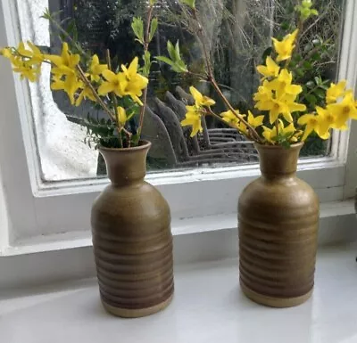 Buy 2X Vintage Welsh Studio Pottery Vases Flower Displays 18cm Tall Stoneware Brown • 12.99£