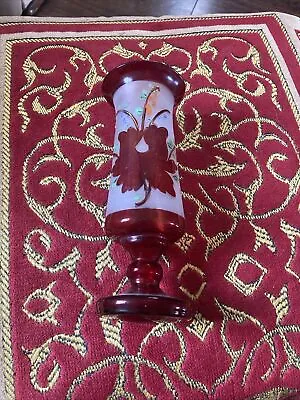 Buy Antique Victorian Ruby Red Bohemian Glass Hand Blown Vase Hand Painted • 3£