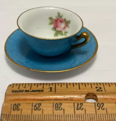 Buy Crown Staffordshire MINIATURE Cup & Saucer Turquoise With Pink Rose • 15.25£