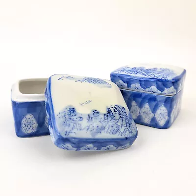 Buy Blue & White Ceramic Lidded Pots Square Small 3 X3 X2¼  Dressing Table Trinket • 22.50£