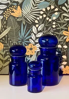 Buy Vintage Apothecary Dark Cobalt Blue Belgium Glass Jars Bottles Set Of 3 • 50£